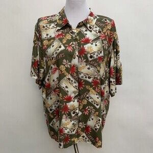 Bahama Beach Woman Top Shirt 2X Multicolor Olive Green Pink Red Floral Safari